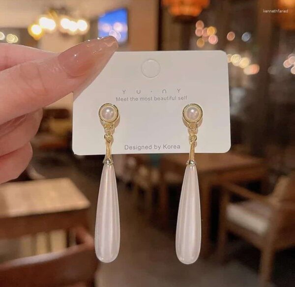 White Long Pearl Earrings - Image 2
